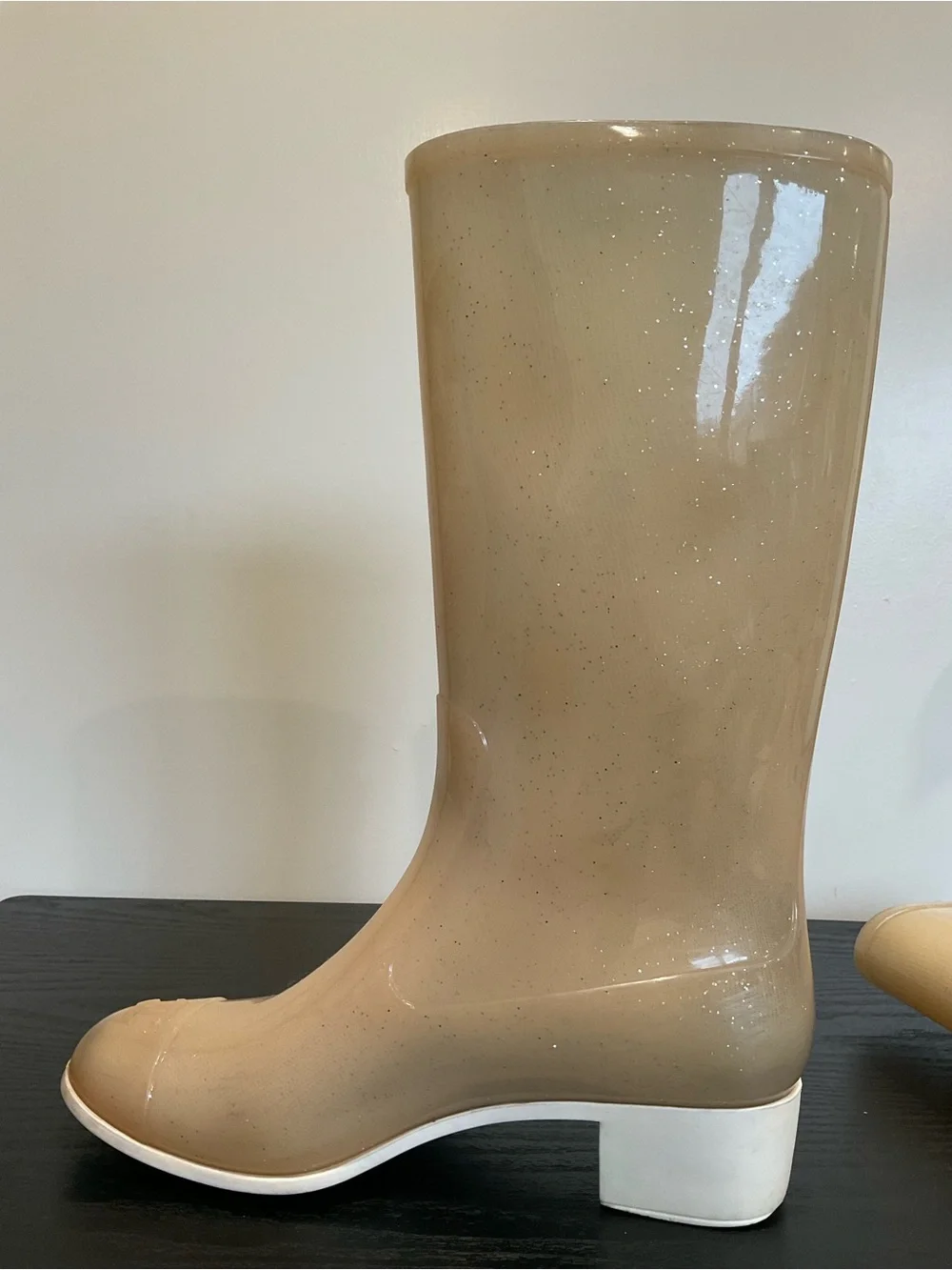 CHANEL Cream Patent Floral Applique Rain Boots